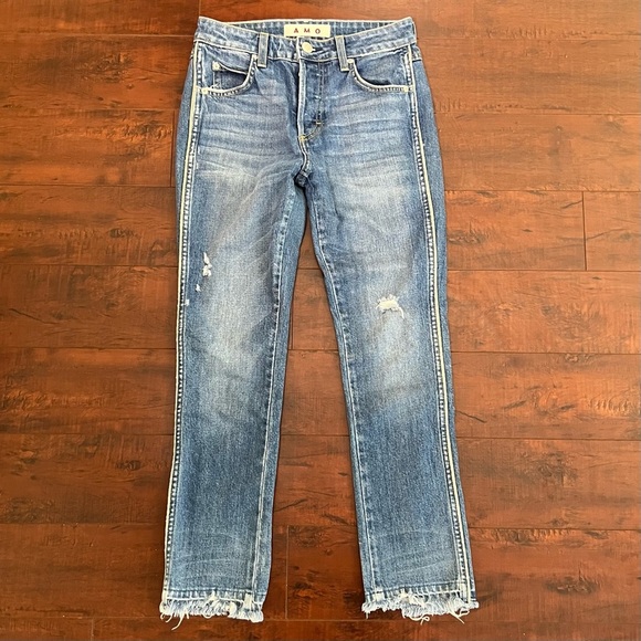 AMO Denim Revolve Babe Old School Jeans Piping Side Panel Cropped Frayed Size 26 - Picture 2 of 9